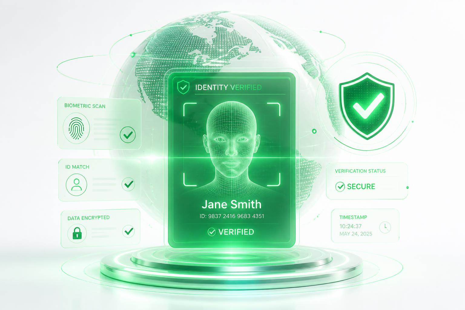 Animated holographic identity verification dashboard with green verified badges