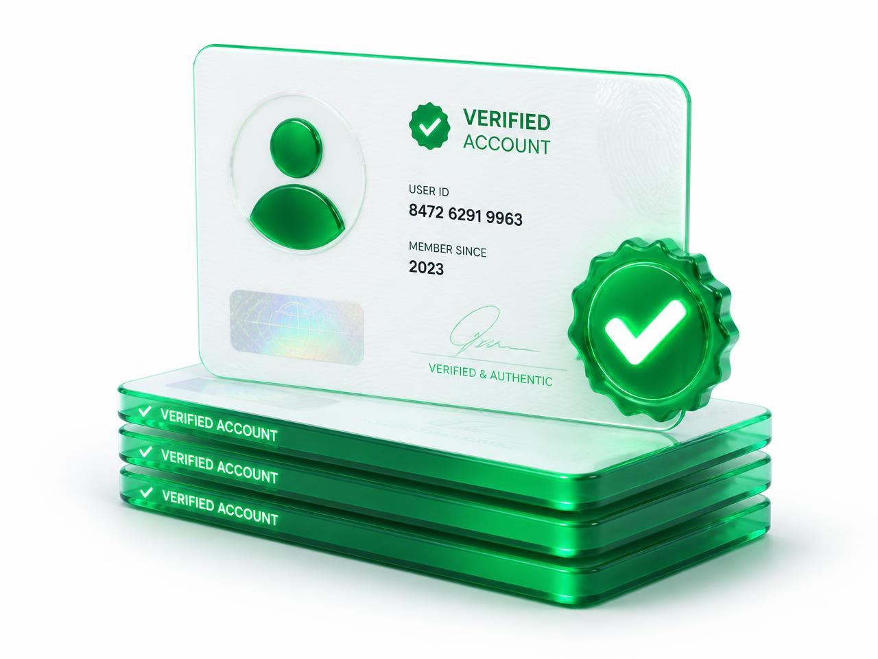 Stack of glowing green verified account cards with checkmark badges